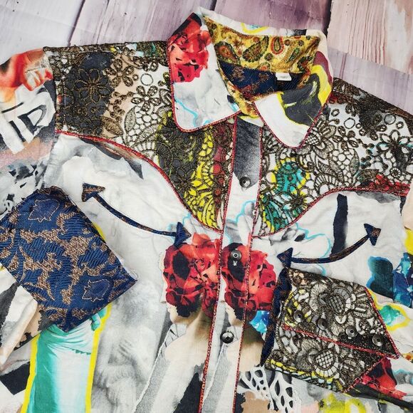 Robert Graham Tops - Robert Graham Limited Womens XL Sculpture Shirt Linen Blend Gold Emb Abstract